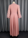 Elegant Lace Lantern Long Sleeve Hollow Out Slim Waist Pleated A-Line Party Maxi Dress