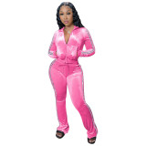 Women's Solid Velvet Casual Zip Top Wide Leg Pants Two Piece Tracksuit