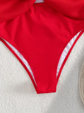 Solid Color Strap Double Bow One-Piece Swimsuit Women's Sexy Hollow Out Swimwear