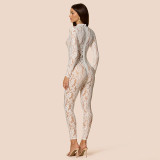 Autumn Sexy Lace See-Through Tight Fitting Long Sleeve Zipper Jumpsuit