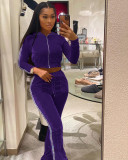 Women's Solid Velvet Casual Zip Top Wide Leg Pants Two Piece Tracksuit