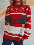 Women's Casual Round Neck Knitted Christmas Cartoon Jacquard Holiday New Year Sweater