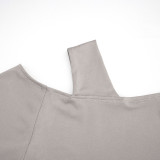 Women's Autumn & Winter Solid Color Casual Slash Shoulder One-Shoulder Lantern Long Sleeve Bell Bottom Pants Set