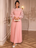 Elegant Lace Lantern Long Sleeve Hollow Out Slim Waist Pleated A-Line Party Maxi Dress