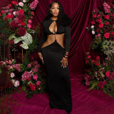 Women's Sexy Hollow Out Round Neck Long Sleeve Open Waist Slim Maxi Dress