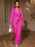 V-Neck Beaded Slim Waist Long Sleeve Blazer & High-Waist Straight Pants Two-Piece Set