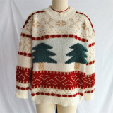 Women's Casual Round Neck Knitted Christmas Cartoon Jacquard Holiday New Year Sweater