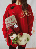 Loose Christmas Sweater Oversized Christmas Stocking Snowman Pocket Decorated Red New Year Sweater for Women