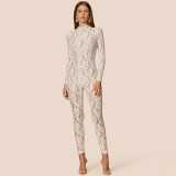 Autumn Sexy Lace See-Through Tight Fitting Long Sleeve Zipper Jumpsuit