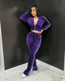 Women's Solid Velvet Casual Zip Top Wide Leg Pants Two Piece Tracksuit