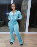 Women's Solid Velvet Casual Zip Top Wide Leg Pants Two Piece Tracksuit