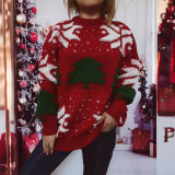 Autumn & Winter Christmas Tree Jacquard Round Neck Long Sleeve Knitted Pullover Sweater