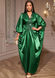 V-Neck Patchwork Sequin Bat Sleeve Gown Pleated Slim Waist Loose African Formal Party Evening Dress