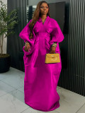 African Loose V-Neck Batwing Long Sleeve Pleated Slim Waist Fashion Party Maxi Dress
