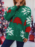 Autumn & Winter Christmas Tree Jacquard Round Neck Long Sleeve Knitted Pullover Sweater
