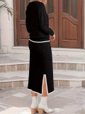 Solid Color Elegant Fashion Round Neck Long Sleeve Top & Split Midi Skirt Two-Piece Set