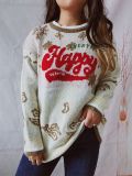 Autumn & Winter Round Neck Long Sleeve Color Block Letter Snowflake Christmas Knitted Pullover Sweater