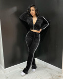 Women's Solid Velvet Casual Zip Top Wide Leg Pants Two Piece Tracksuit