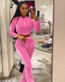 Women's Solid Velvet Casual Zip Top Wide Leg Pants Two Piece Tracksuit