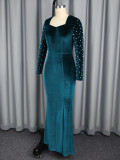 Chic Elegant Long Sleeve Velvet Dress High-Waist Beaded Split Mermaid Evening Gown