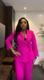 V-Neck Beaded Slim Waist Long Sleeve Blazer & High-Waist Straight Pants Two-Piece Set