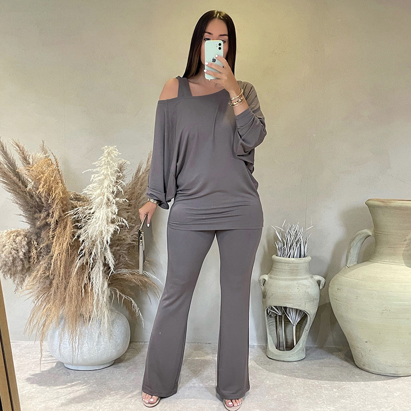 Women's Autumn & Winter Solid Color Casual Slash Shoulder One-Shoulder Lantern Long Sleeve Bell Bottom Pants Set