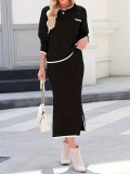 Solid Color Elegant Fashion Round Neck Long Sleeve Top & Split Midi Skirt Two-Piece Set
