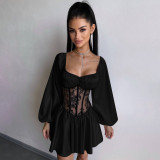 Autumn Sexy Satin Off-Shoulder See-Through Mesh Patchwork Mini Dress for Women