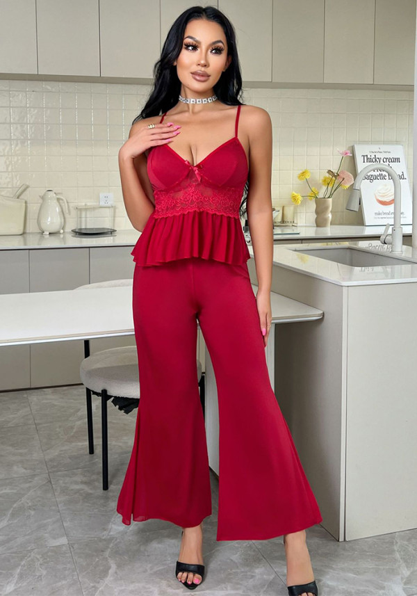 Strap Pajama Pants Set V-Neck Lace Sexy Loungewear Set