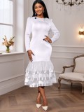 Elegant Pearl Round Neck Long Sleeve Slim Waist Mesh Hem Party Mermaid Dress
