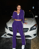 Women's Solid Velvet Casual Zip Top Wide Leg Pants Two Piece Tracksuit