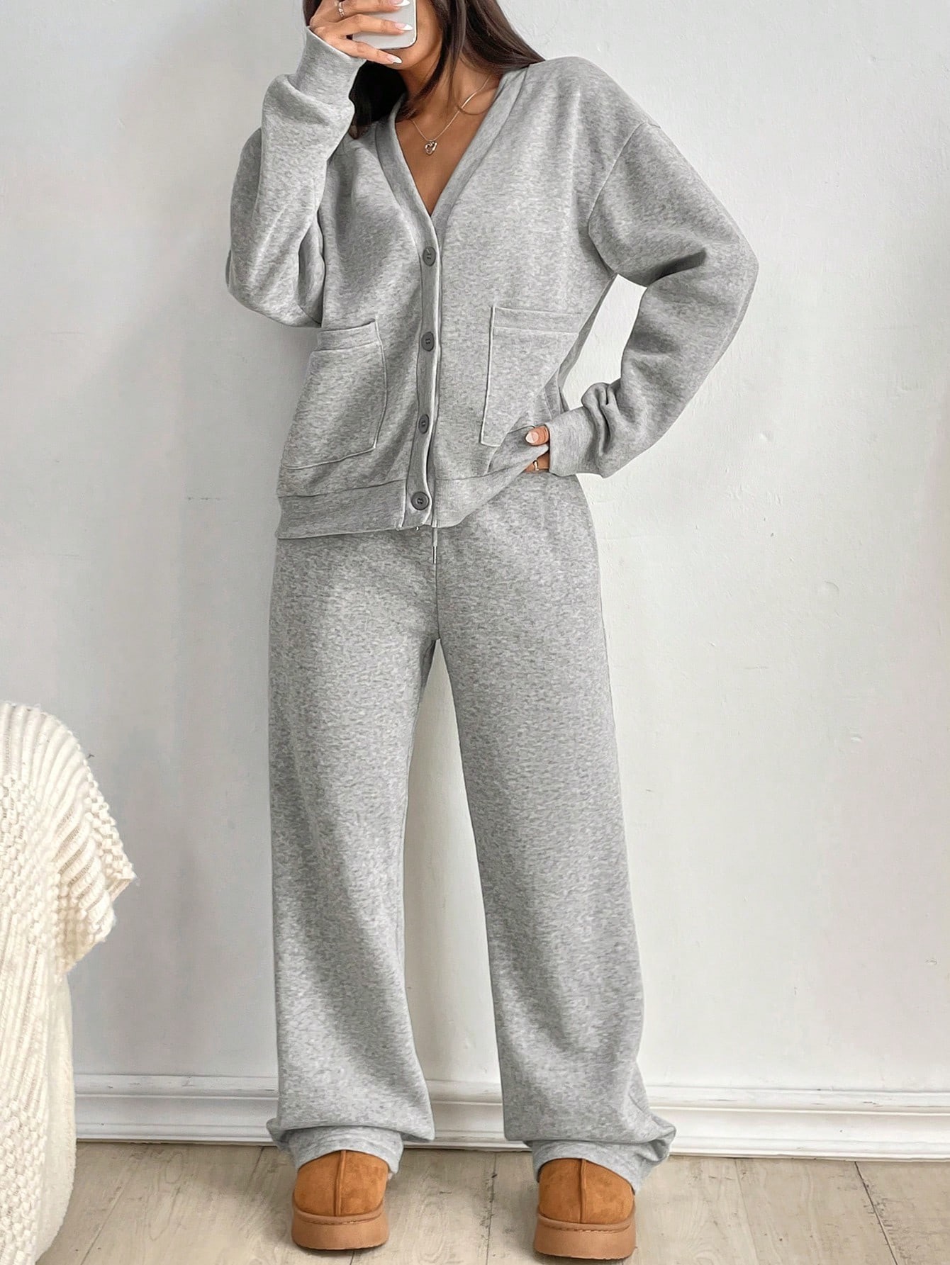 Women's Autumn & Winter Button Coat & Wide-Leg Pants Casual Set