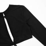 Women's Sexy Hollow Out Round Neck Long Sleeve Open Waist Slim Maxi Dress