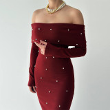 Beaded Off-Shoulder Dress Autumn Chic Slim Evening Gown