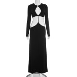 Women's Sexy Hollow Out Round Neck Long Sleeve Open Waist Slim Maxi Dress