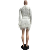 Autumn & Winter Knitted Crochet Fringe Lace-Up Long Sleeve Bodycon Skirt Set