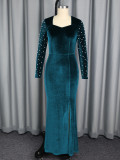 Chic Elegant Long Sleeve Velvet Dress High-Waist Beaded Split Mermaid Evening Gown