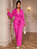 V-Neck Beaded Slim Waist Long Sleeve Blazer & High-Waist Straight Pants Two-Piece Set