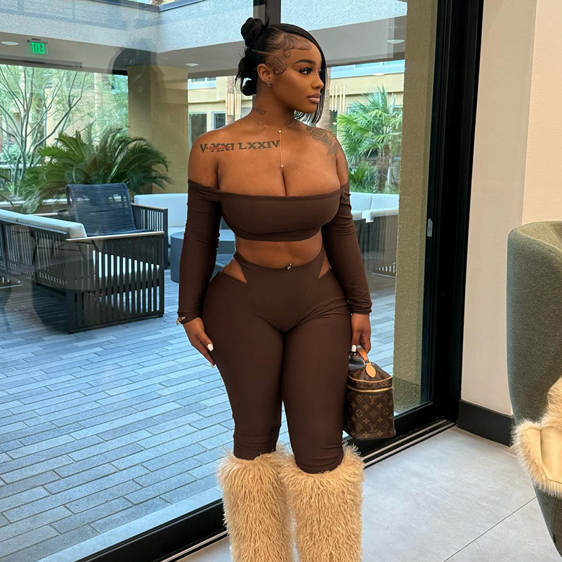 Women's Autumn Off-Shoulder Crop Top & High-Waist Hollow Out Pants Set