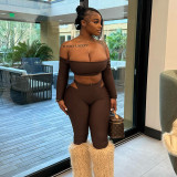 Women's Autumn Off-Shoulder Crop Top & High-Waist Hollow Out Pants Set