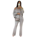 Women's Autumn & Winter Solid Color Casual Slash Shoulder One-Shoulder Lantern Long Sleeve Bell Bottom Pants Set