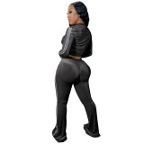 Women's Solid Velvet Casual Zip Top Wide Leg Pants Two Piece Tracksuit