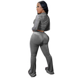 Women's Solid Velvet Casual Zip Top Wide Leg Pants Two Piece Tracksuit