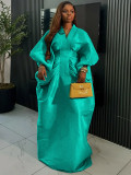 African Loose V-Neck Batwing Long Sleeve Pleated Slim Waist Fashion Party Maxi Dress