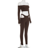 Women's Autumn Off-Shoulder Crop Top & High-Waist Hollow Out Pants Set