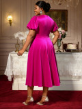 Plus Size Women's Rose Satin Puff Sleeve Dress Flower Elegant A-Line Party Evening Gown