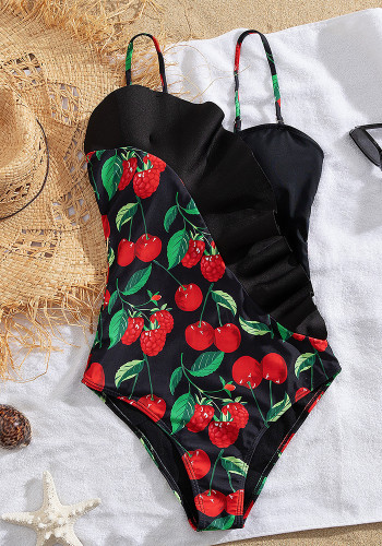 Strap One-Piece Swimsuit Women's Ruffled Triangle Bottom Printed Swimwear