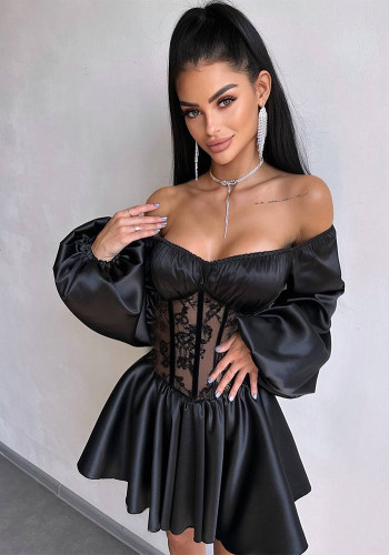 Autumn Sexy Satin Off-Shoulder See-Through Mesh Patchwork Mini Dress for Women