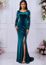 Chic Elegant Long Sleeve Velvet Dress High-Waist Beaded Split Mermaid Evening Gown