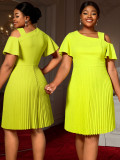 Plus Size Asymmetric Off-Shoulder Elegant Ruffle Sleeve Slim Waist Fashion Pleated Dress